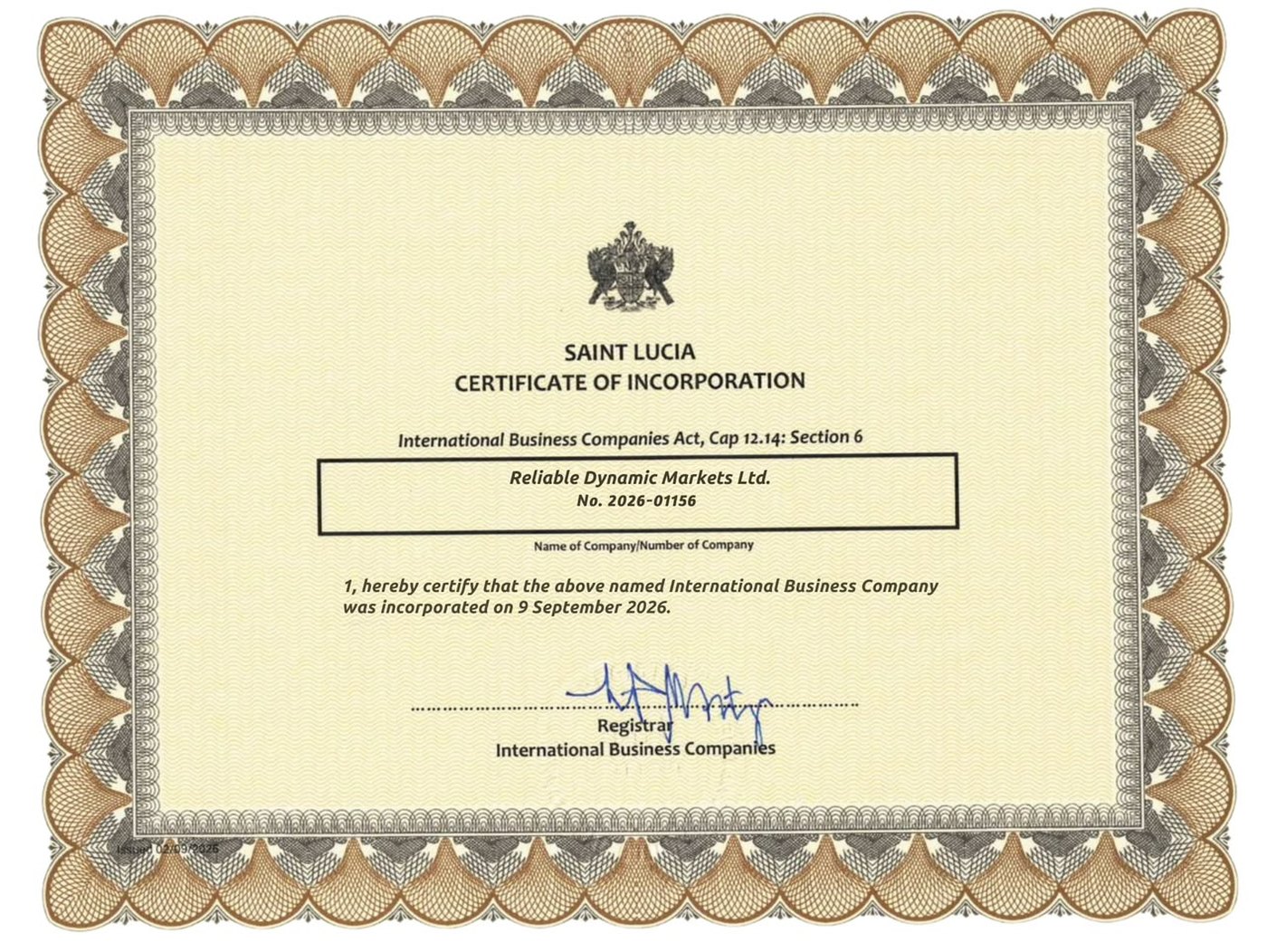 Saint Lucia Certificate of Incorporation for Reliable Dynamic Markets Ltd., company number 2026-01156