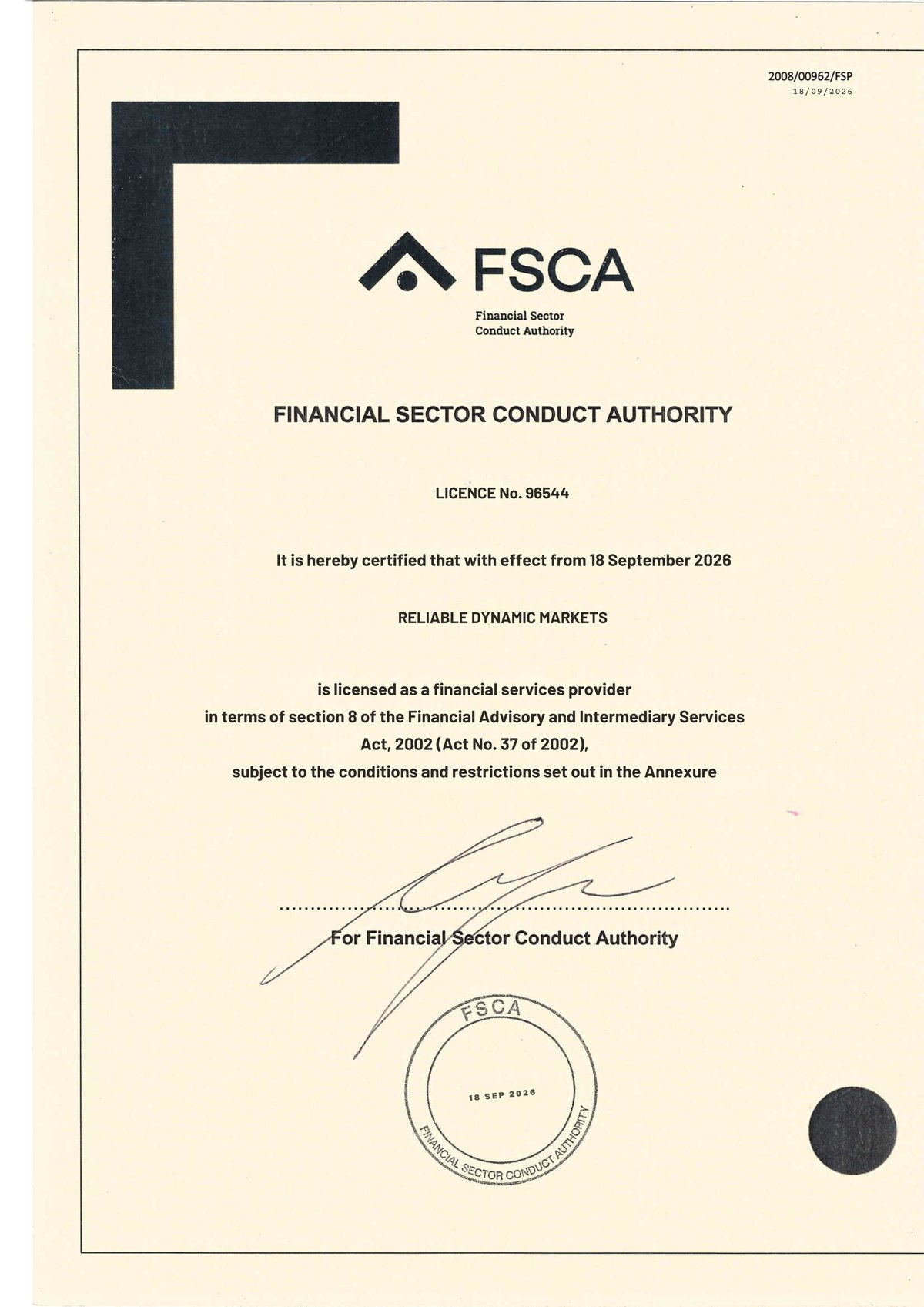 FSCA licence number 96544 issued to Reliable Dynamic Markets, effective 18 September 2026